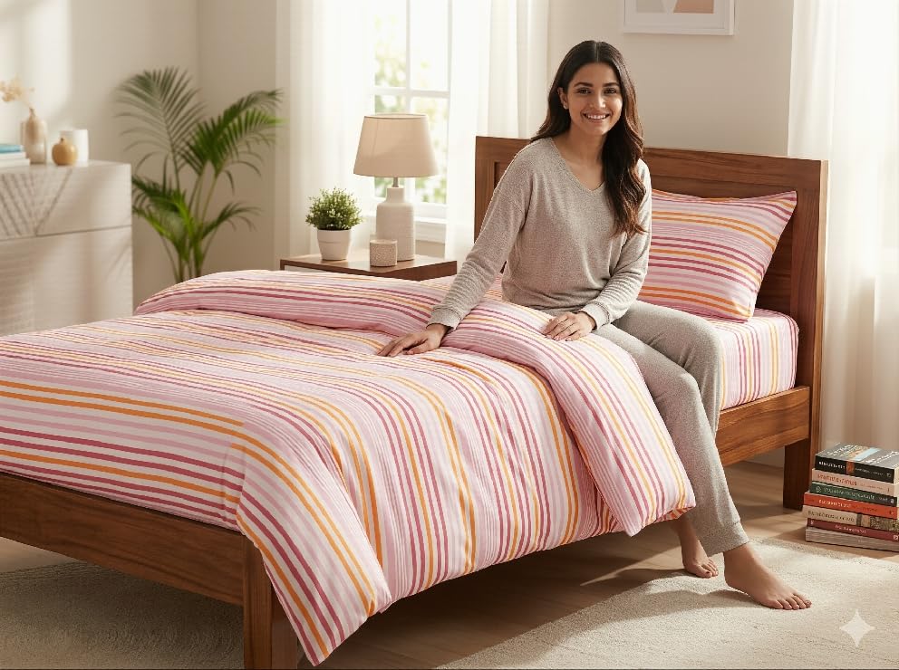 Elan Dreams Premium Cotton Bedding Duvet Cover with 1 Pillow Cover Set with Purple Orange Striped Pattern, White Sheets, Single Size-picture-17