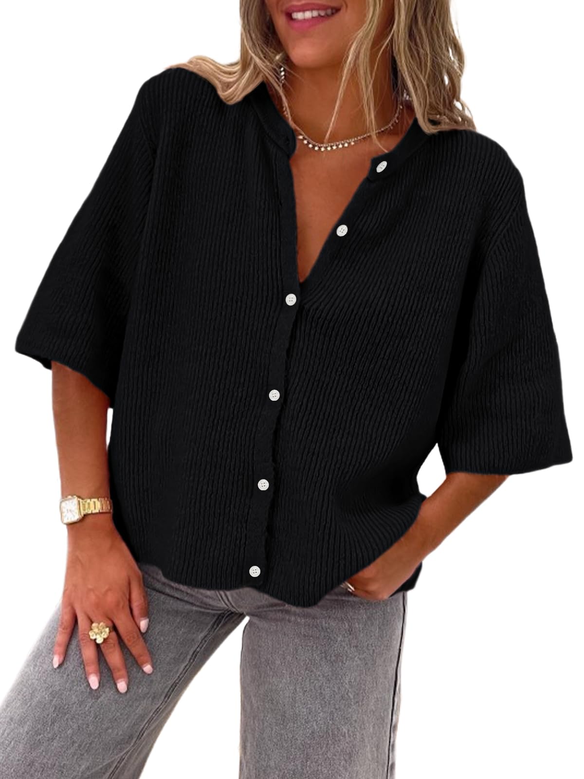 LILLUSORY Short Sleeve Cardigan Sweaters for Women 2026 Summer Cropped Button Up Sweater Tops Casual Shirt Y2K Outfits