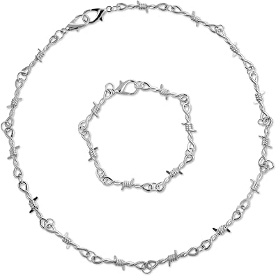 Jeffdad Punk Gothic Thorns Metal Barbed Wire Chain Necklace Bracelet Alt Silver Emo Gothic Indie Necklace Chain for Men Women