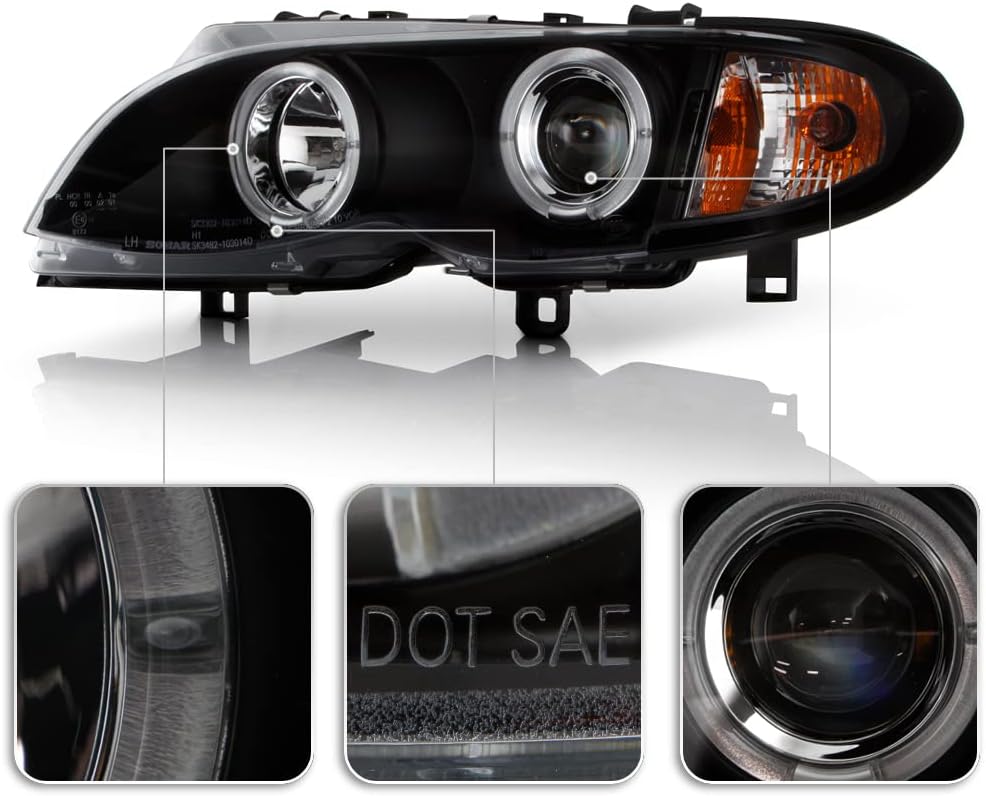 ACANII - For [Halogen Model] 2002-2005 BMW E46 Sedan 3-Series LED Halo Black Projector Headlights Headlamps Assembly
