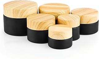 6 Pack 5g/10g/15g/20g/30g/50g Black Frosted Glass Cream Jar,Empty Round Cosmetics Container Sample Jar Pot With Inner Liners,Plastic Wood Grain Lid for Cream,Lotion,Eye Shadow,Small Craft,Jewelry
