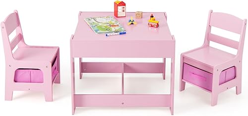 Miniatura 13 de HONEY JOY Mesa y sillas para niños, juego de actividades de madera 3 en 1 con almacenamiento, mesa desmontable, para arte, manualidades, dibujo,