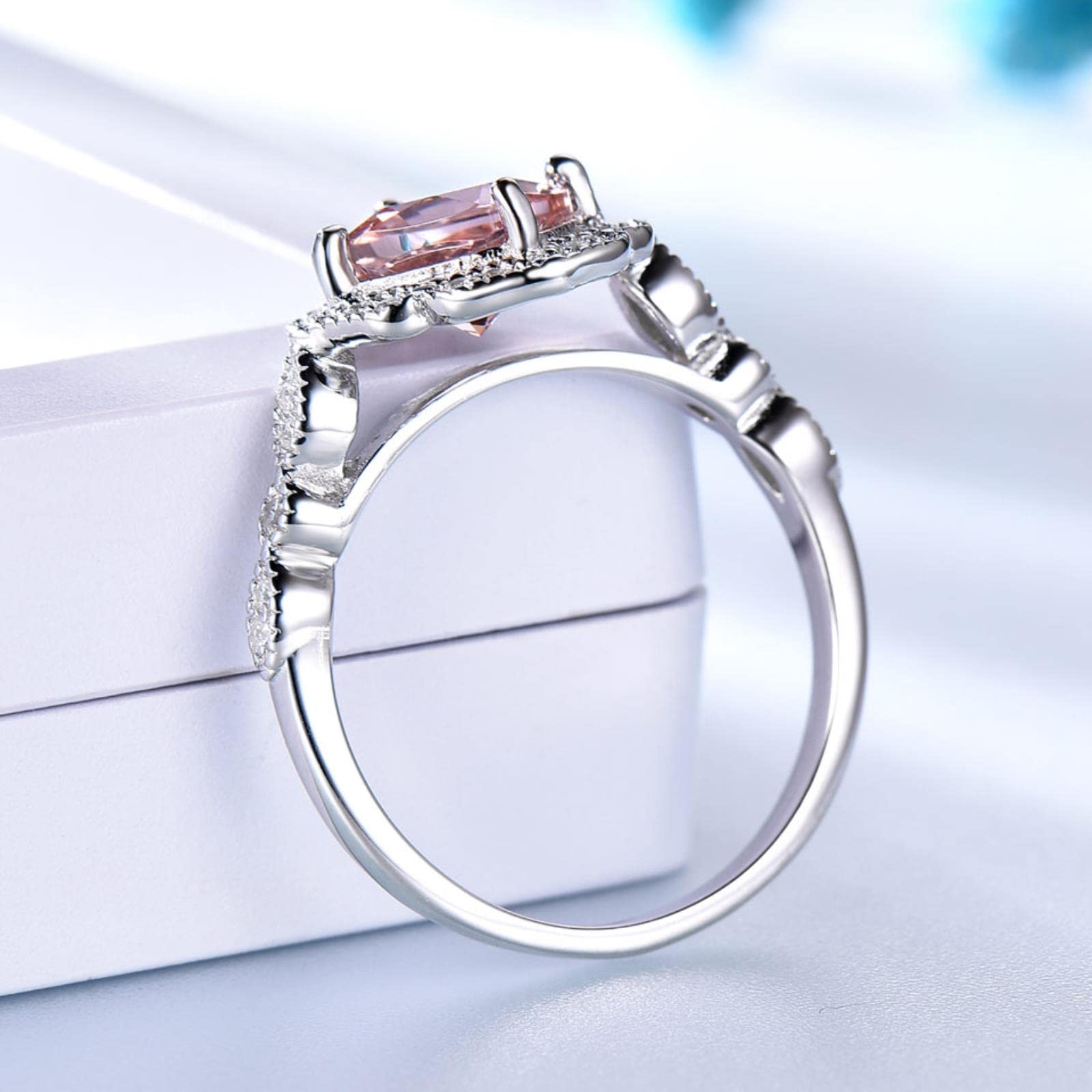 2 Unids/Set Creado Nano Morganite 925 Anillos De Plata Esterlina Encanto Flor Anillo De Plata Conjunto para Mujeres Joyería Fina