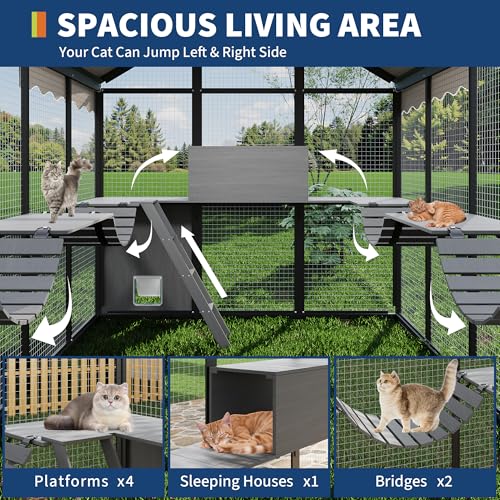 Aluminum Walk-In Large Outdoor Cat Enclosure, Large Outdoor Catio for Multiple Cats, Outside Cattery with Weatherproof Roof with Channels, Side Door, UV Proof Cover, Huge Condo, Platform