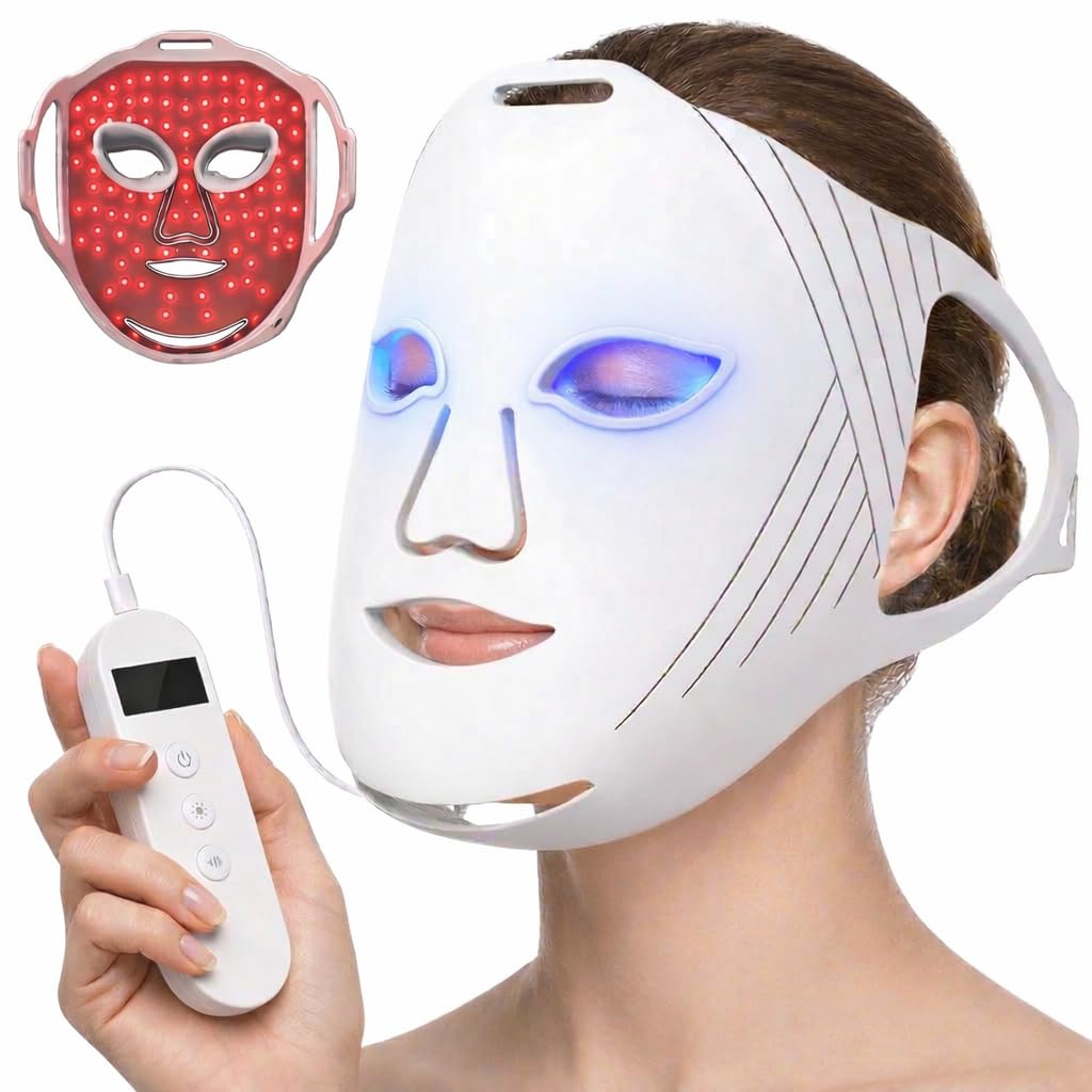LED Light Therapy Mask Acne Treatment, Red Light Therapy for Face with Red, Blue, and Near Infrared Lights – Adjustable Brightness & 10-Minute Auto Timer – Flexible, Liquid Silicone
