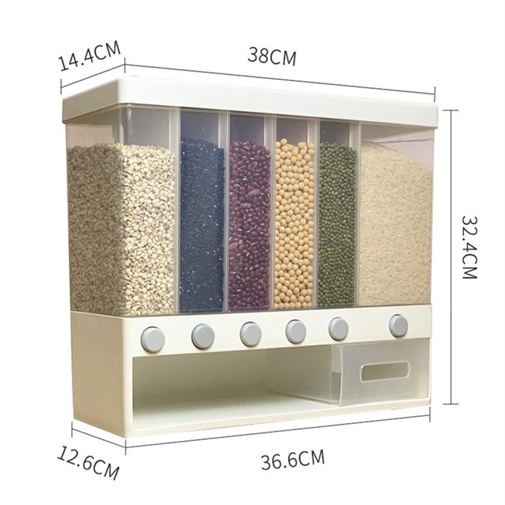 Distributeur de Riz et de CéRéAles Divisé Mural 10KG 6 Supports Automatiques en Plastique éTanche Une L'Humidité BoîTe de Rangement des Aliments ScelléE