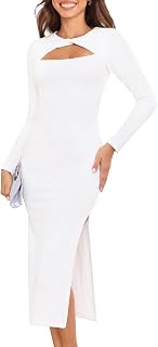 Annebouti Women's Fall Long Sleeve Cut Out Wedding Guest Dresses Side Slit Ribbed Bodycon Cocktail Midi Dress