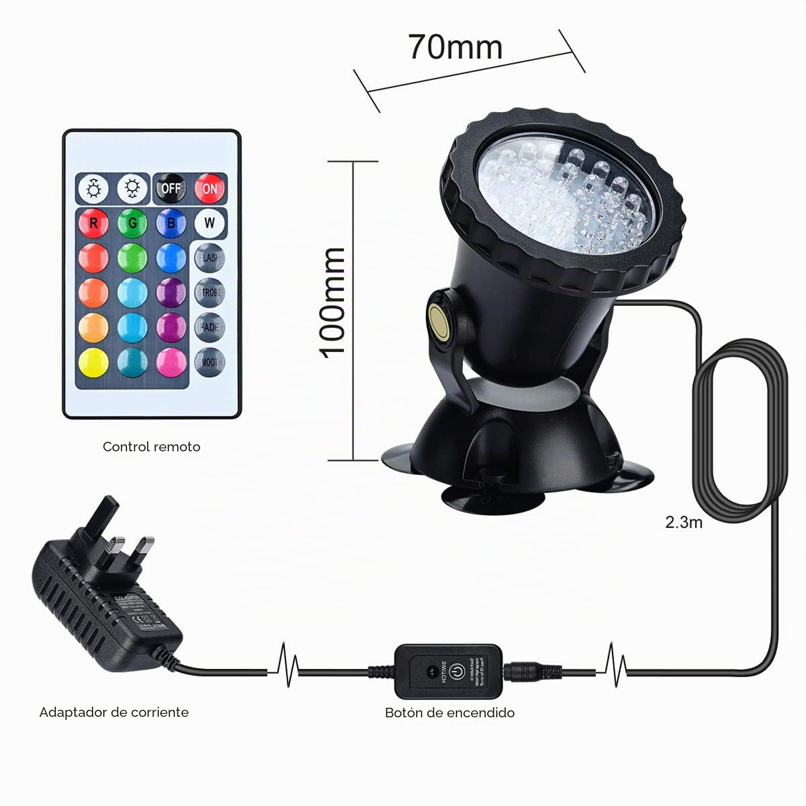 Lychee Luces Para Estanques con Control Remoto, LED RGB Proyectores Sumergibles para Exteriores Luces Subacuáticas Ajustables Color, para Estanques Acuario Jardín Piscina Fuente (1PCS)