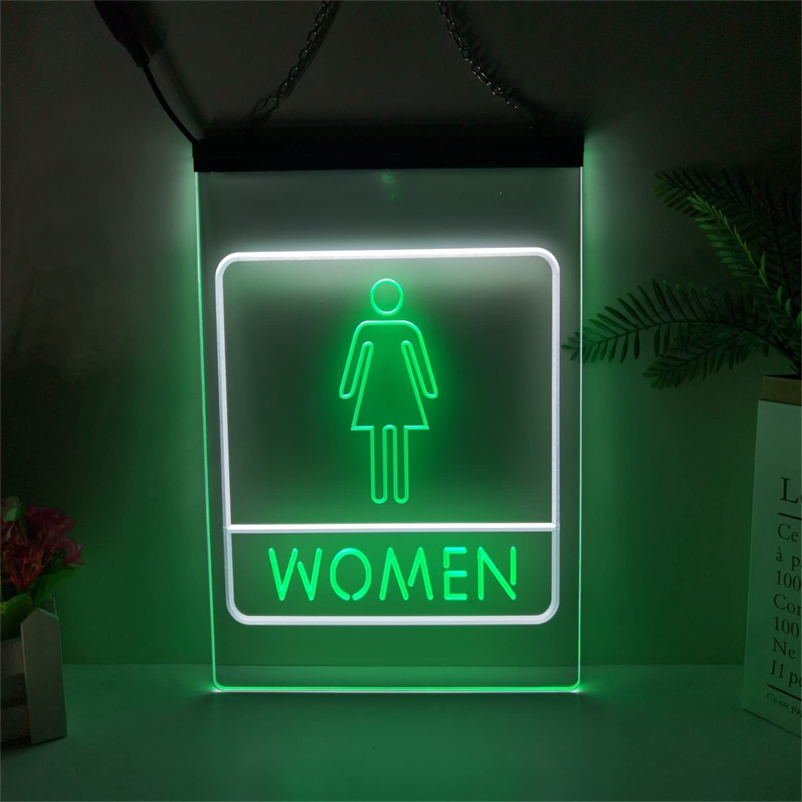 REWIS Señal de neón LED para Inodoro de Mujer, Luces de neón grabadas en 3D de Doble Color USB Personalizadas, para Bar, Centro Comercial, baño Femenino, decoración Regulable,White Green,40x30cm