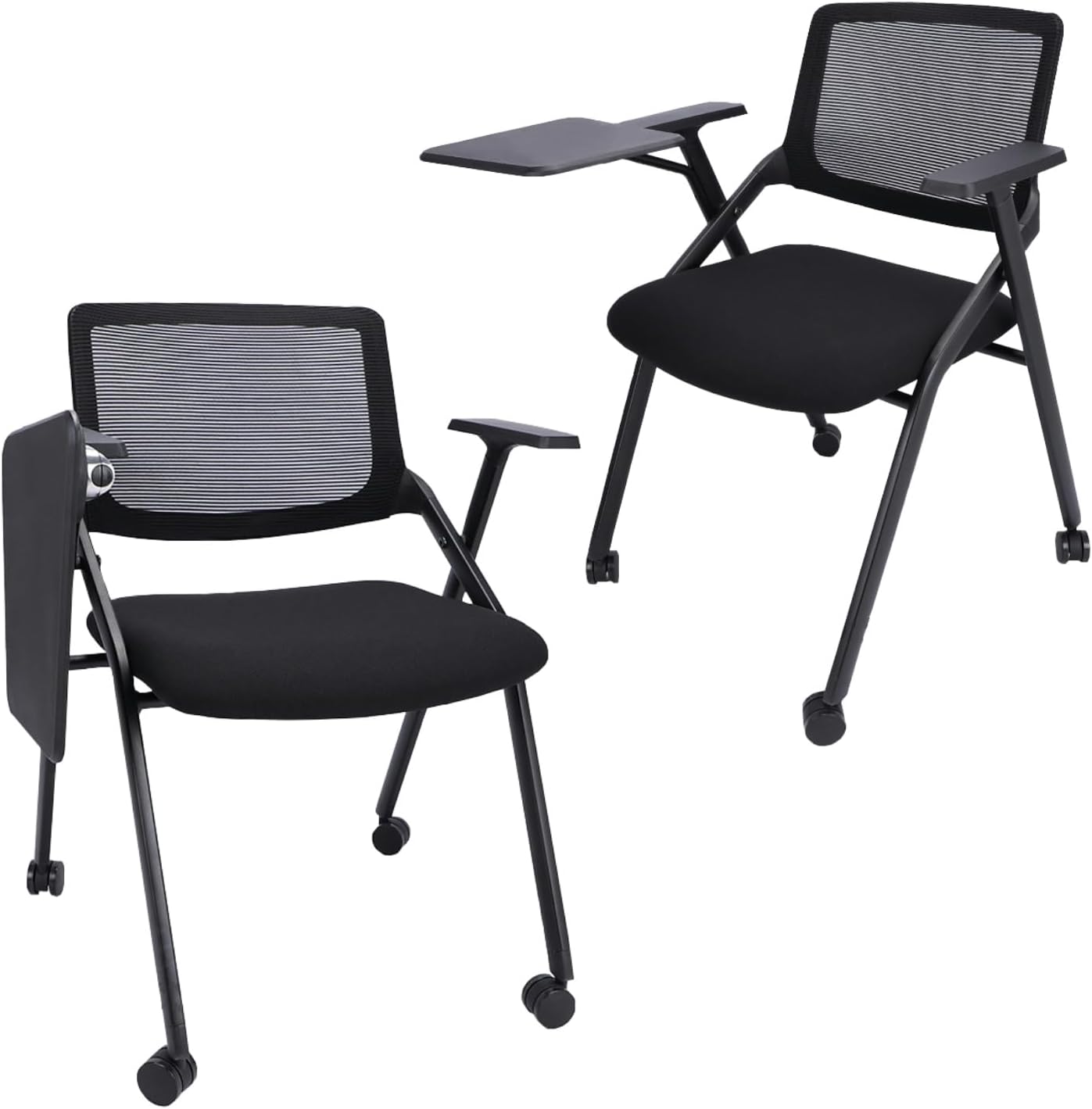 2 Pack Foldable & Stackable Conference Room Chairs, Folding Office Chair, Foldable Reception Chairs with Wheels and Arms & Tablet for Office Meeting, Conference, Reception, Training (Black