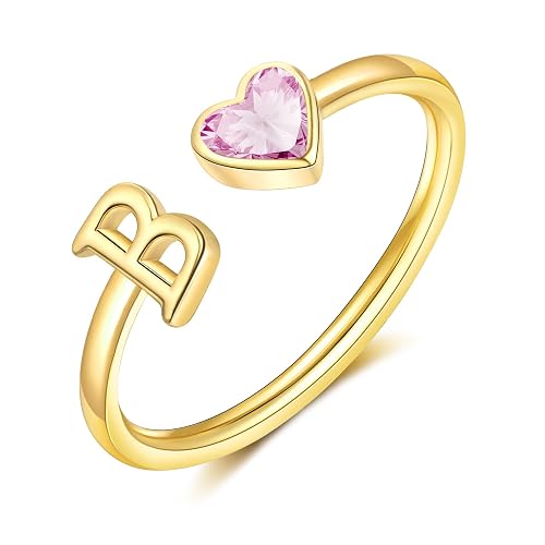 Stocking Stuffers - Initial Rings for Women Teen 14K Gold Plated Birthstone Rings Stackable Dainty Letter Rings Christmas Birthday Birthstone Jewelry Gifts for Mother Daughter,Adjustable Size 5-10