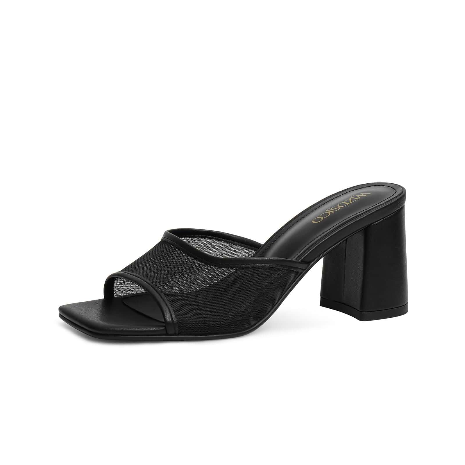 WJZDSJCO Women's Heeled Sandals Mesh Mules Square Open Toe Block Chunky Heel Slip On Slide Sandals Comfy Dressy Summer Par...