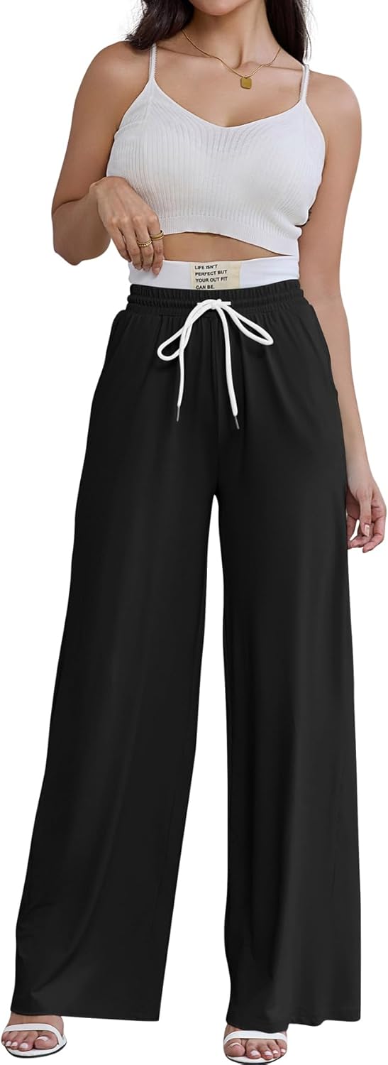 PINSV Womens Sweatpants Wide Leg High Waisted Drawstring Workout Pants Casual Comfy Loose Pants with Pockets Black XXL - Image 5