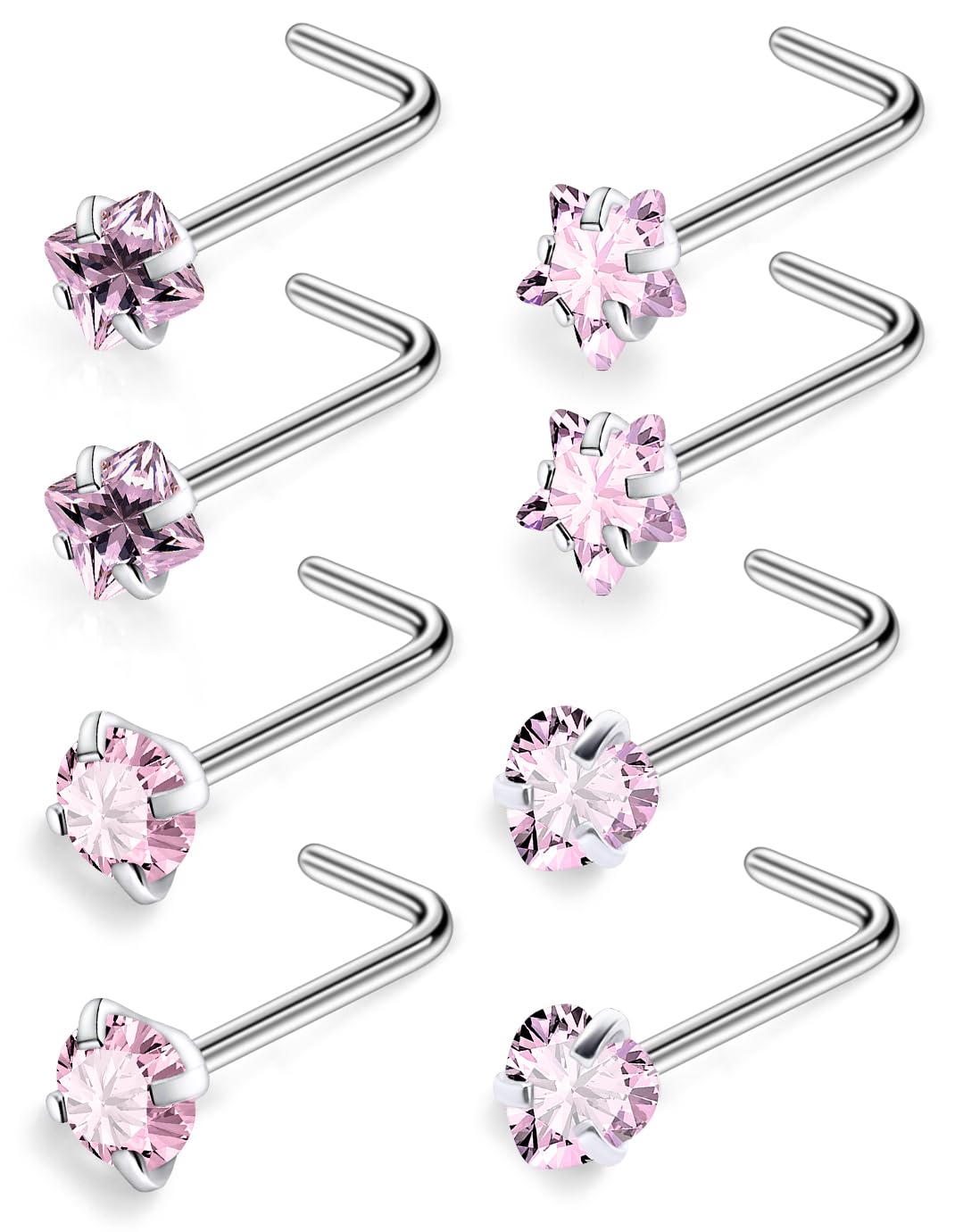 FtovosyoHypoallergenic Nose Rings Studs 18G & 20G Surgical Steel Nose Studs L Shaped Nostril Piercing Jewelry with Pink Cubic Zirconia for Women & Men