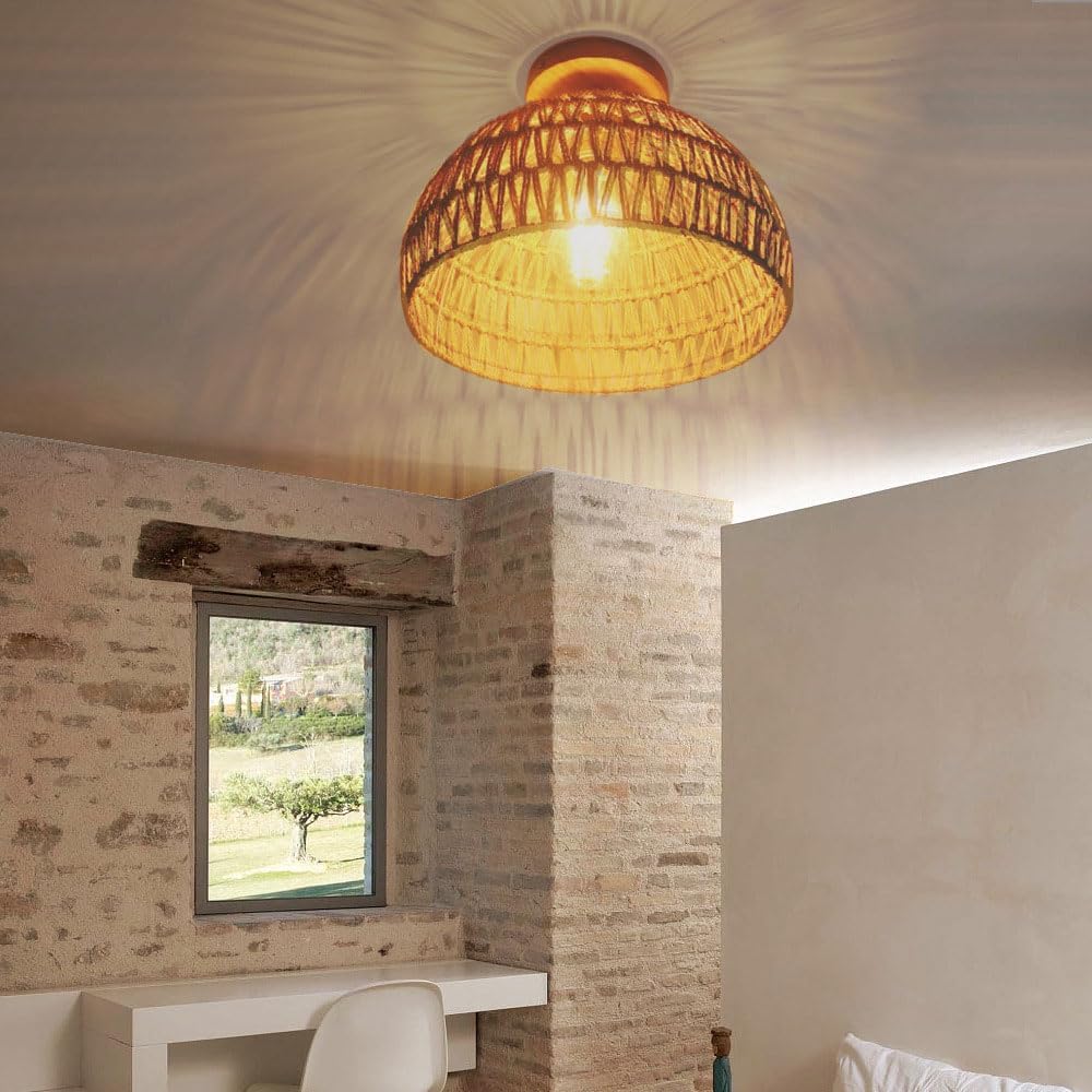 Rattan Art Semi-recessed Ceiling Light, Vintage Hand-Woven Cage Ceiling Lampshade, Southeast Asian Style Close to Ceiling Light Fixtures, Indoor Decoration Ceiling Lantern, for Living Room