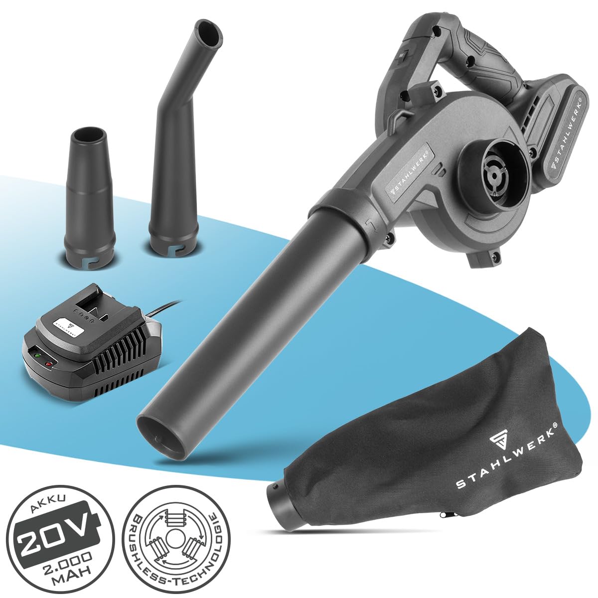 STAHLWERK Soffiatore e aspirapolvere a batteria 2 in 1 MAG-20 ST – 20 V con 2 Ah, soffiatore compatto brushless per giardino, strada, officina e auto, maneggevole mini soffiatore fino a 98 m/s e