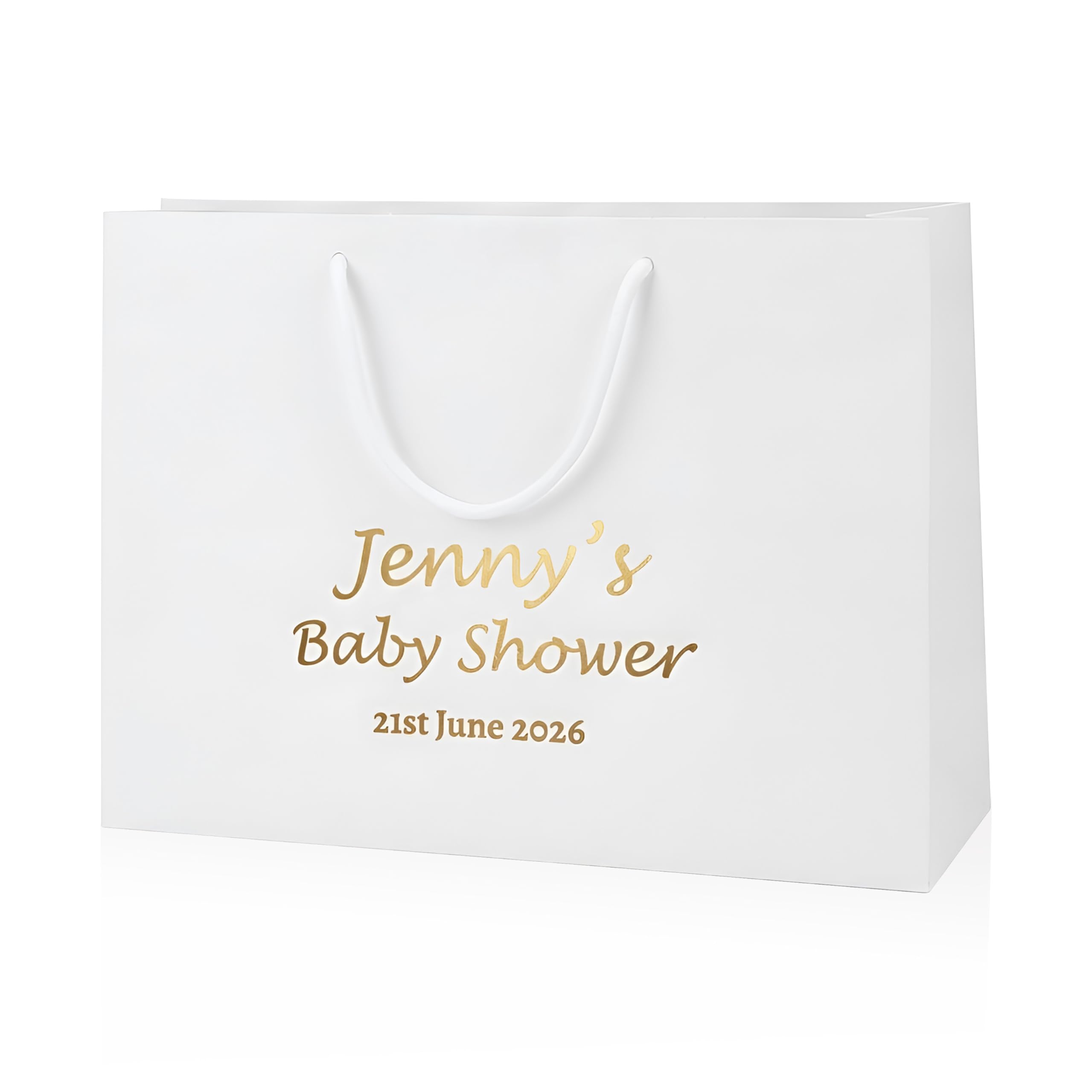 COOKIES AND KOALAS Personalised Foil Baby Shower Bag Gift – Large 40×30×13 cm – White – Custom Name & Message – Luxury Baby Shower Party Favour Bag with Gold or Silver Foil Print