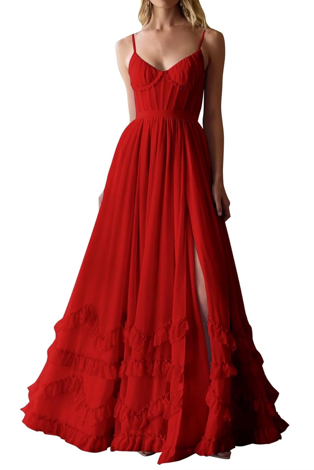 Womens V Neck Chiffon Bridesmaid Dresses Long Ruffle Maxi Formal Evening Dress GR010