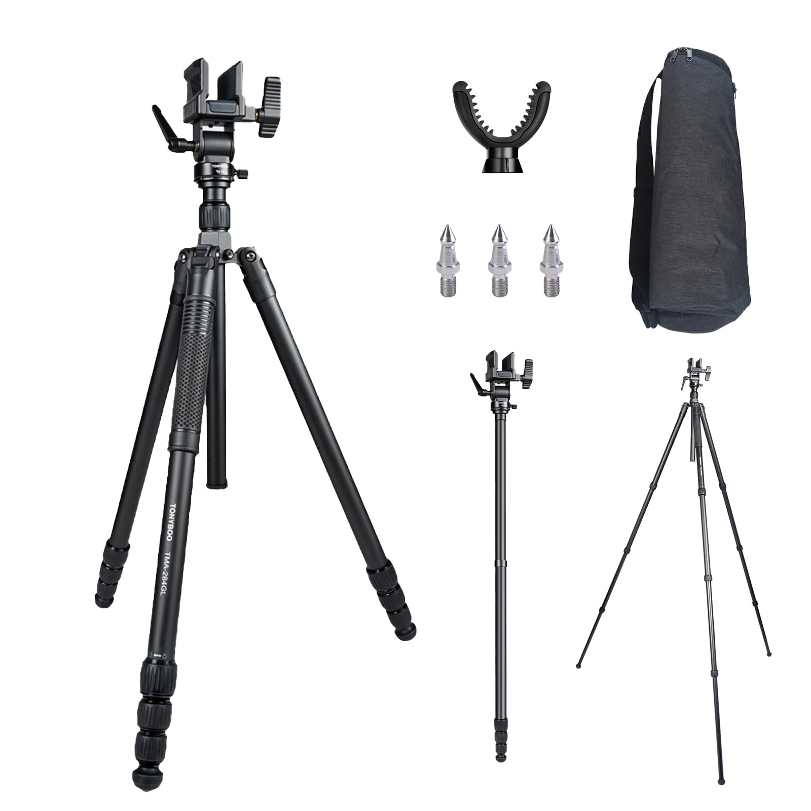 TONYBOO Aluminum Hunting Tripod with 2-Way 360 Pan 90 Tilt Head, Heavy Duty Shooting Tripod Dual-Use with Universal Rifle Clamp Saddle & V Yoke, Adjustable 20.9"-73" Height for Shotgun Crossbow