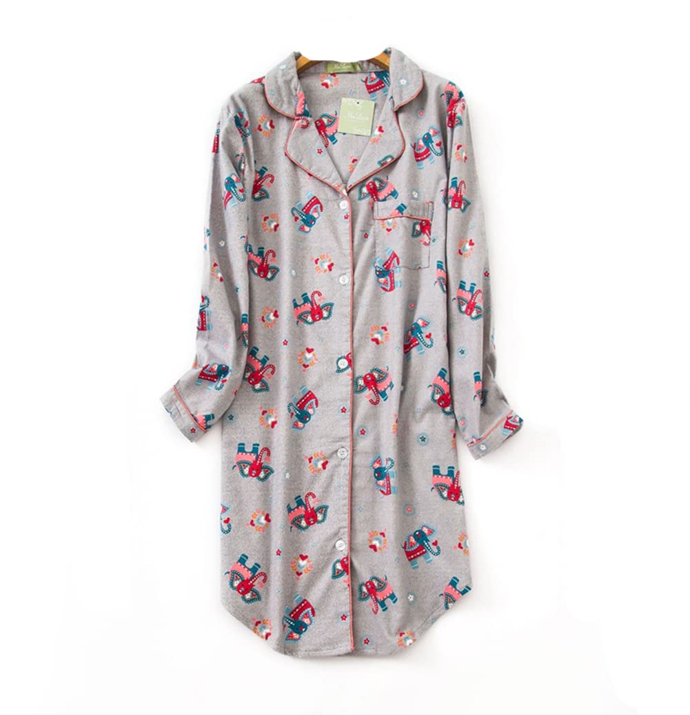 Womens Nightshirt Long Sleeve Cotton Sleep Shirt Button Down Nightdress Sleepwear Nightshirts Women Grey