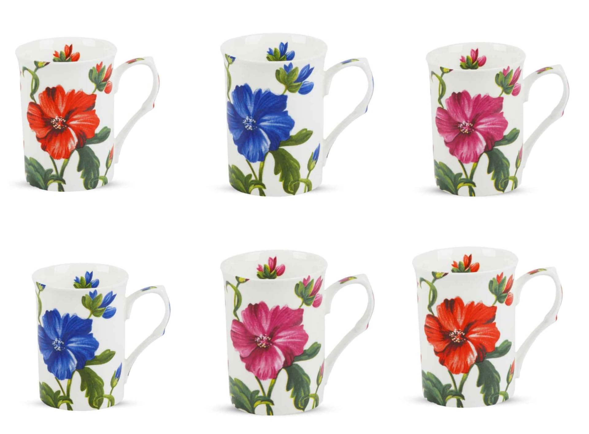 Chelsea Blossom Fine Bone China Mugs Set of 6, 300ml Floral Cups