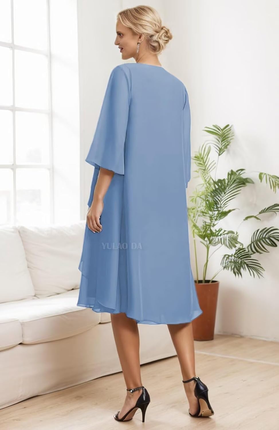 2 Pieces Mother of The Bride Dresses for Women with Sleeves Tiered Chiffon Knee Length Formal Evening Gowns with Jacket