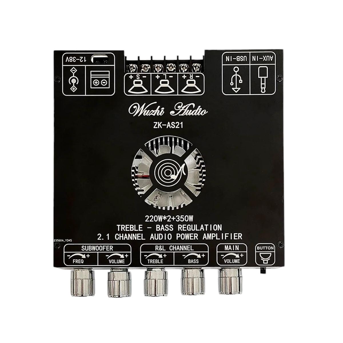 Top-down view of the ZK-AS21 2.1 Channel Digital Power Amplifier Board, showing all inputs, outputs, and control knobs.