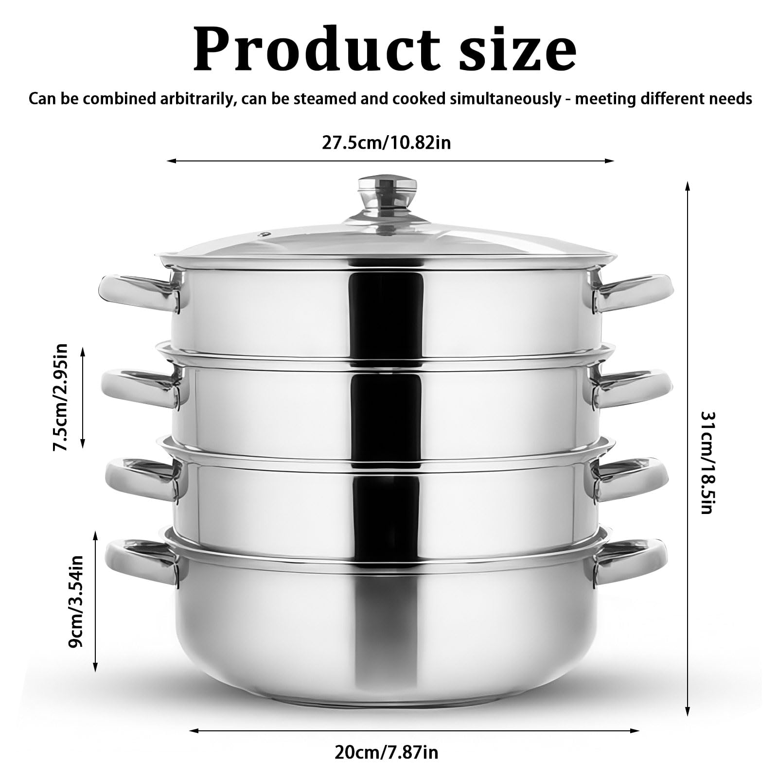 Olla para Cocinar al Vapor, 28 CM Acero Inoxidable, con Inserto de Vapor y Tapa de Cristal Inducción, Olla de Vapor para Cocinar al Vapor Simultáneamente Sopa, Pasta (Paquete de cuatro unidades)