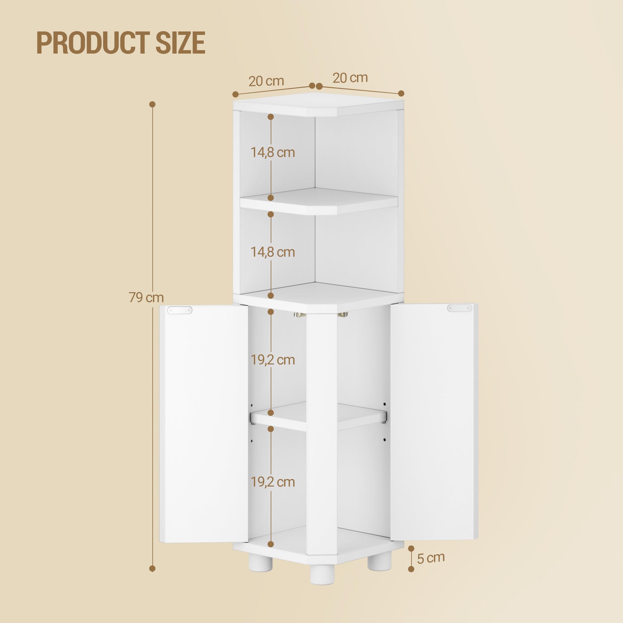 Hzuaneri Badezimmerschrank, Eckschrank Badschrank, Toilettenschrank mit verstellbare Ablagen, 2 Seitentüren, schmales Badregal, einfache Montage, 20 x 20 x 79 cm, weiß BC20003X