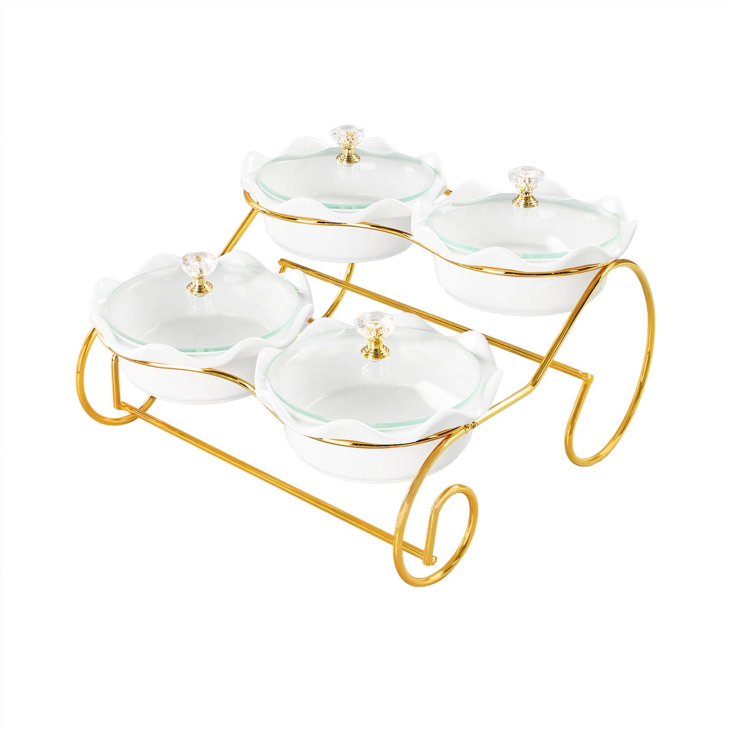 Cuenco de cerámica para condimentos con bandeja de metal, 4 cuencos extraíbles con cubierta de vidrio, para aperitivos, patatas fritas, dulces y condimentos, para cumpleaños, fiestas,