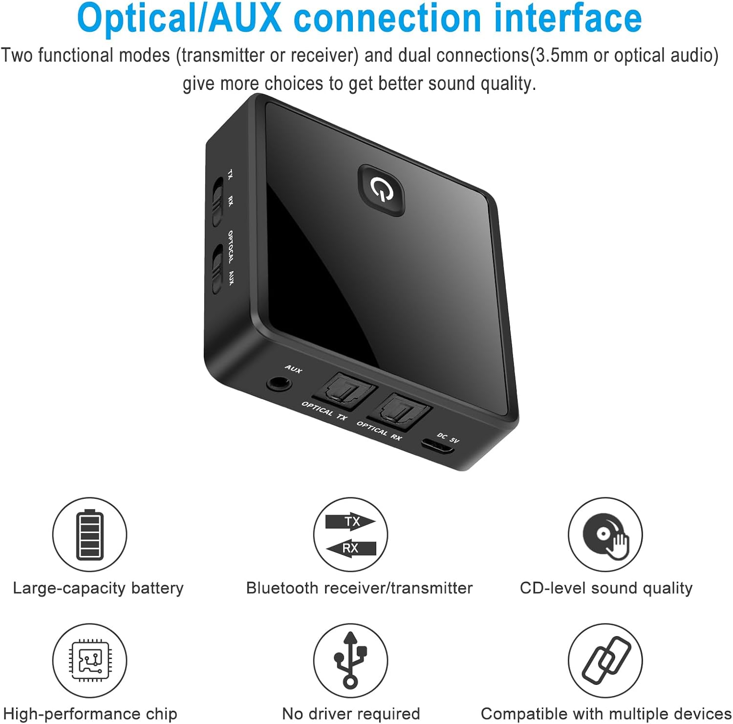SZMDLX Bluetooth 5.0 Transmitter Receiver, 2 in 1 Bluetooth Audio Adapter, 3.5mm Digital Optical Audio Cable, Suitable for TV, Home Stereo, Xbox,Low-Latency