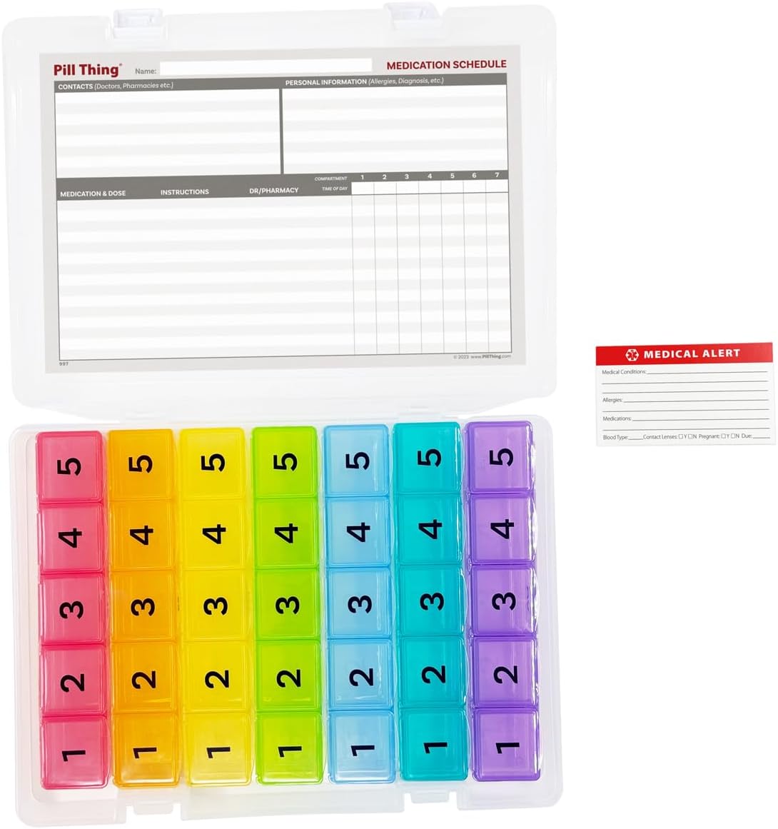 5 Times a Day Weekly Pill Box Organizer Case, Secure 7 Day Pillbox with Medication Schedule (5 Time-a-Day)
