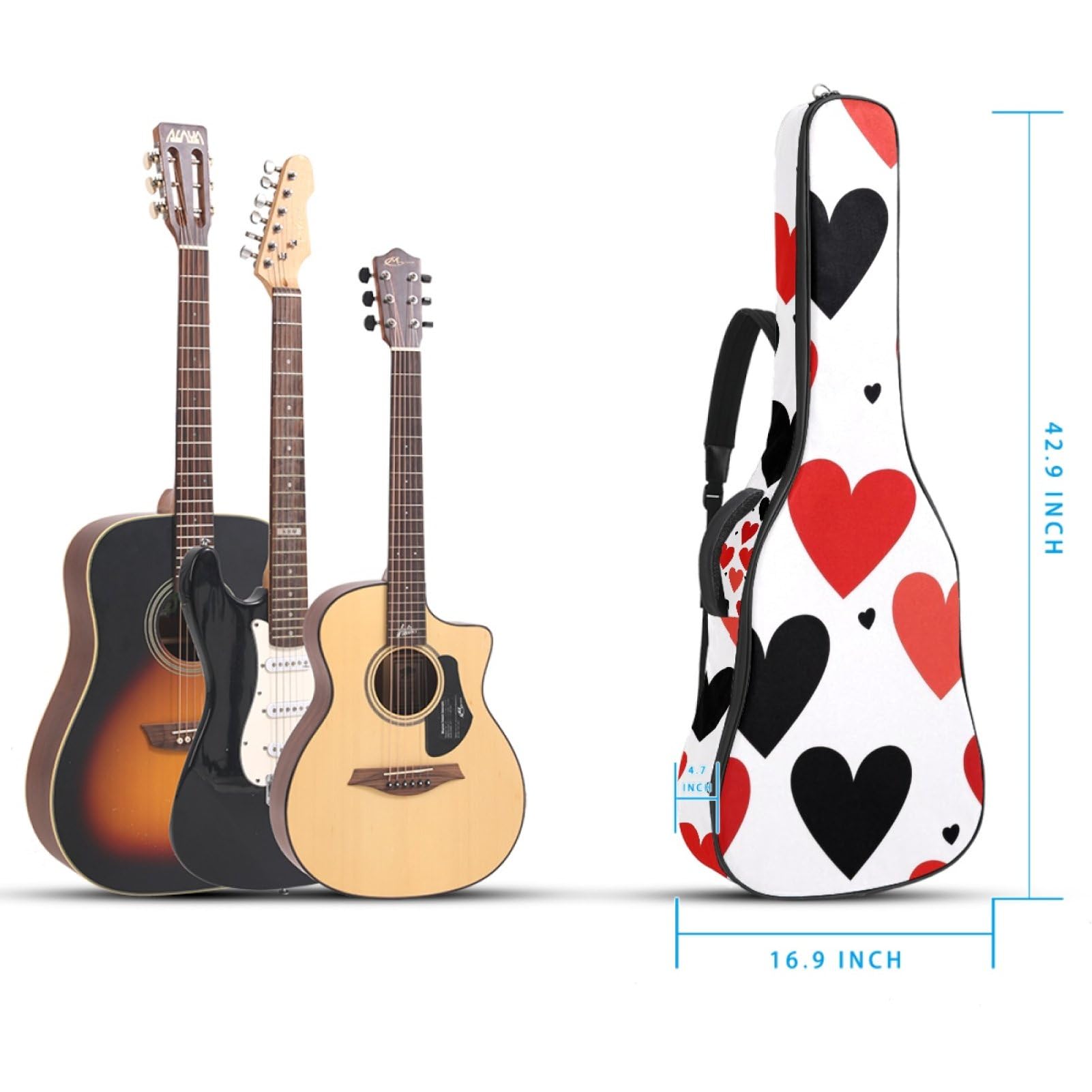 43 Zoll Akustikgitarre Softcase mit Rucksackgurt und 2 Taschen Rot und Schwarz Herzen, Keine Polsterung Rucksack Wasserdicht Oxford Tuch Bassgitarre Gigbag für Konzertgitarre, mehrfarbig,