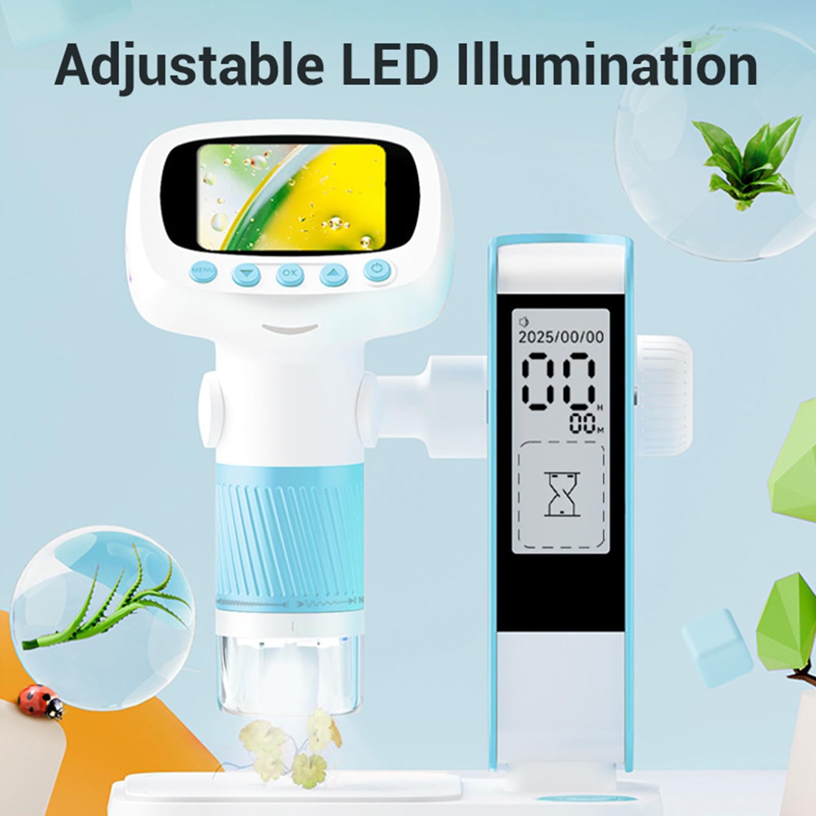 Kit microscopio per Bambini Microscopio Digitale Portatile 1080P HD con Supporto per Schermo da 2,0" Giocattolo educativo scientifico Portatile 2 in 1 con Timer Luce LED Blu CM5