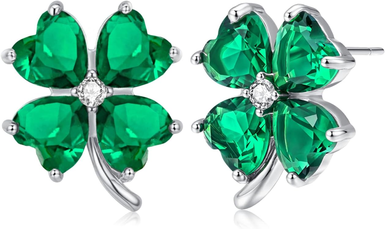 VONSSY Four Leaf Clover Necklace Earrings Shamrock Irish ST Patricks Jewelry Set Gift 18k Gold Plated Green Emerald Zircon Diamond Crystal Lucky Saint Pendant for Woman Wife Girlfriend Mom