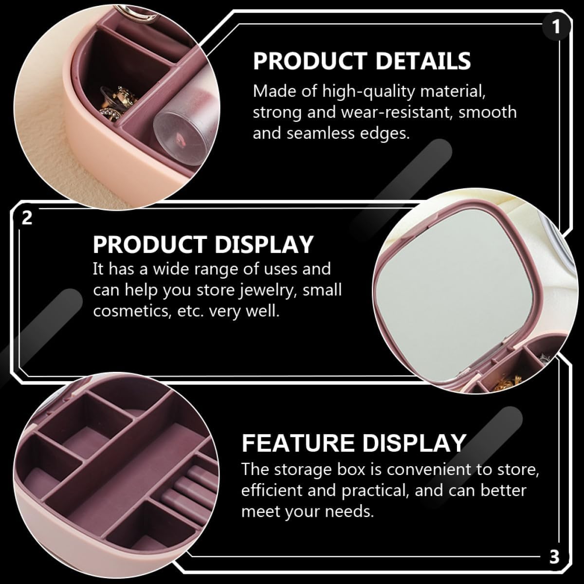 Happyyami Mirror Jewelry Storage Box with Compartments and Lipstick Holder, Portable Pink Purple Jewelry Organizer Case for Women Travel and Vanity Use image 4