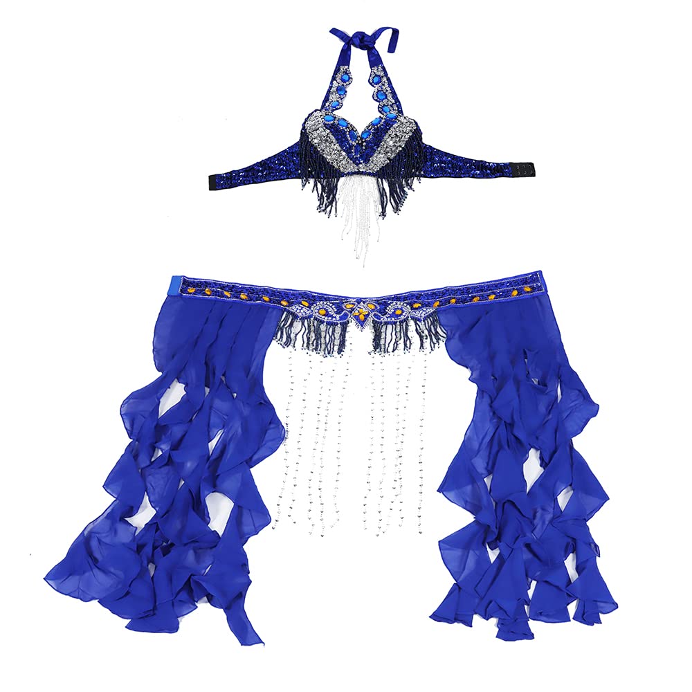 Pañuelo Danza del Vientre,Falda Lentejuelas Tamaño S-XL Performance Women Womenwear Professional 2 unids Outfit Beads Disfraz Belly Dance Bla Cinturón con franja (Color : Royalblye bra belt, Size :