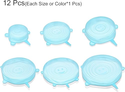 Miniatura 3 de uxcell Tapas elásticas de silicona, paquete de 12 tapas redondas de 6 tamaños, tapas de silicona reutilizables para tazas, cuencos y cubierta de