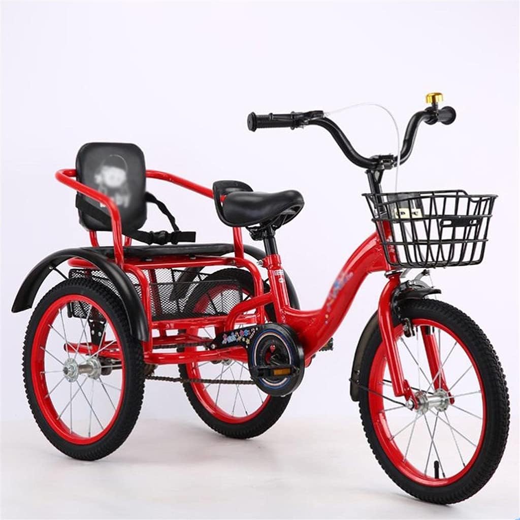Kids Tricycle Two-Seater with Seat Belt for Safe Outdoor Play and Learning to Ride,Red-18 Inch