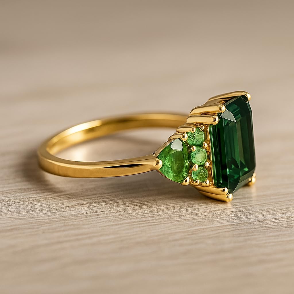 Emerald Cut Green Tourmaline Ring for Women 14K Yellow Gold Three Stone Cluster Peridot Ring Vintage Emerald Shape Engagement Anniversary Jewelry Gift