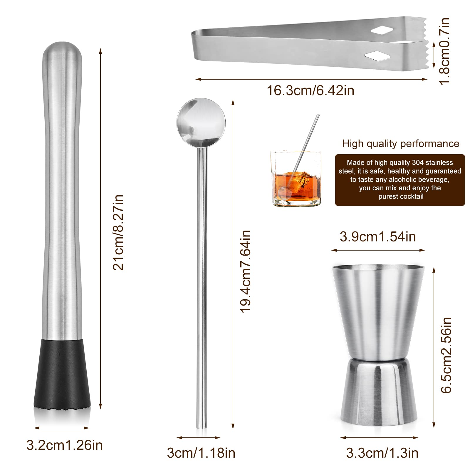Juego de 4 accesorios de cóctel, mojito, cuchara mezcladora, clip de hielo y vaso medidor