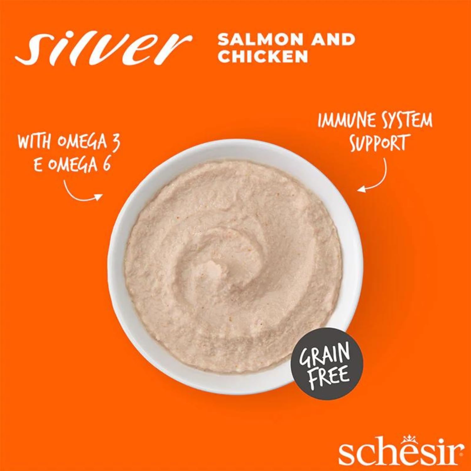 Schesir Silver, Salmón y Pollo En Mousse, Alimento Húmedo Completo para Gatos Mayores, Sin Cereales, Apoya El Sistema Inmunitario, Rico En Hidratación, 12 X 80g (Paquete de 3)