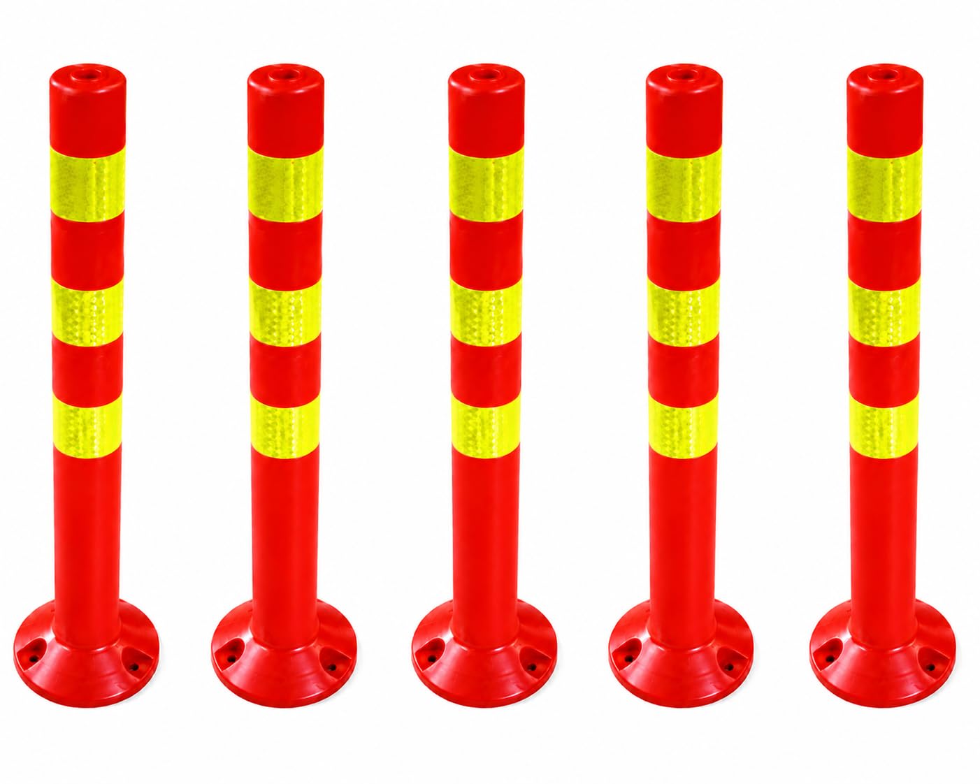Juego de 5 postes de plástico – 72,5 cm reflectantes, cierre para industria, almacén, aparcamiento con soporte [fijación con tornillos] Soporte de barrera – Parque postes guía bolardos