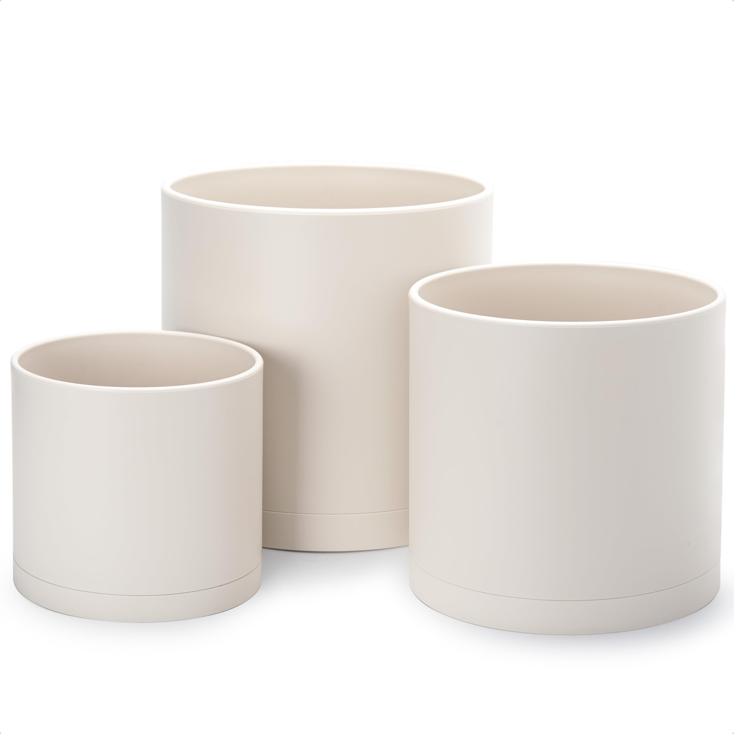 D'vine Dev 8 Inch 10 Inch 12 Inch, Set of 3 Plastic Planter Pots for Plants with Drainage Hole and Seamless Saucers, Oatmeal, X-Large, 74-V-H-5