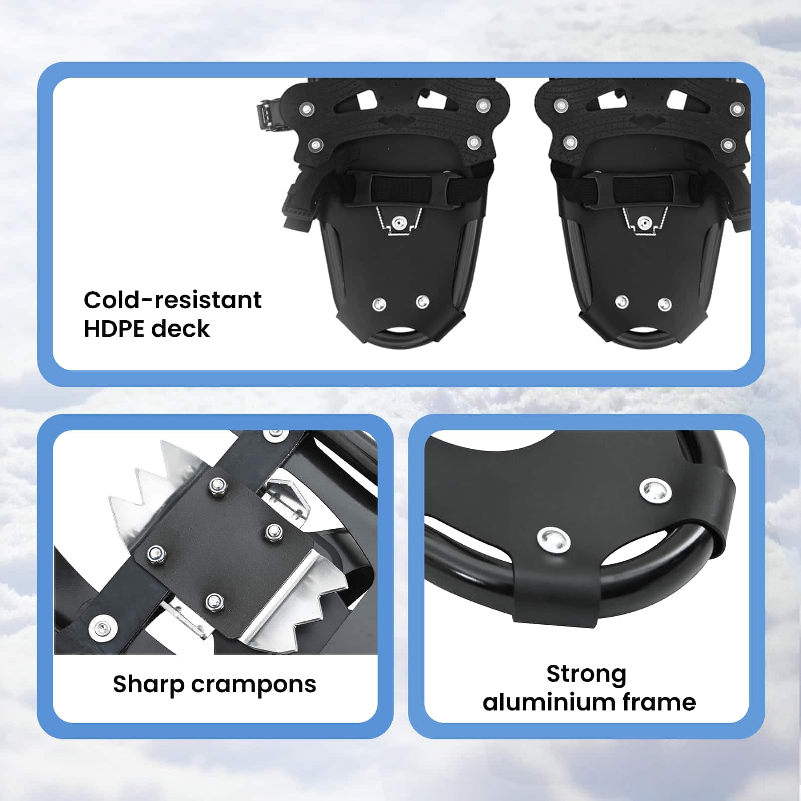 vidaXL Ciaspole 3 in 1 Nero 53,5 x 21 cm Alluminio e HDPE, Ciaspole in alluminio per il giardino, attrezzatura outdoor regolabile, accessori moderni per camminare sulla neve