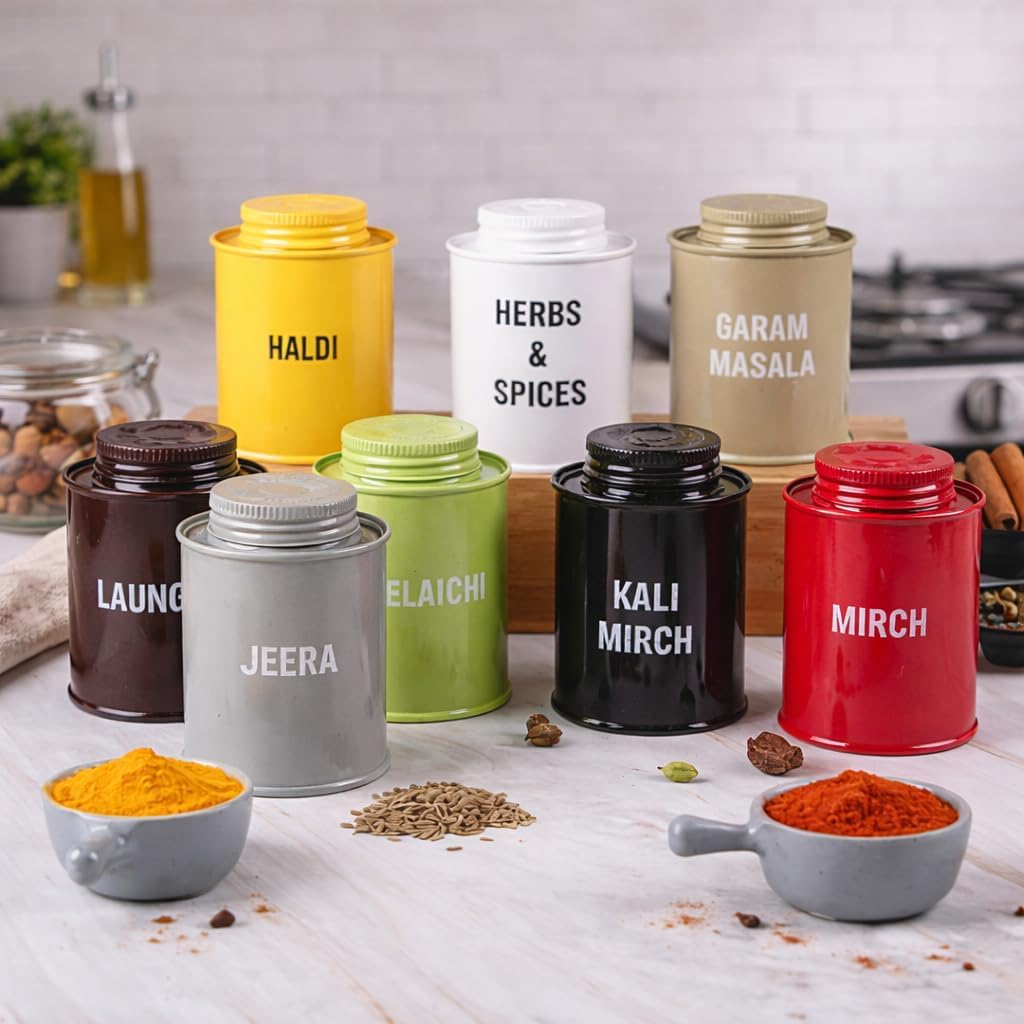 MARKET 99 Spice Jar 8 Pcs Set Metal Storage Box Container BPA Free Condiment Shape Spice Container Masla Rack Air Tight Kitchen Organizer 250 Ml, Mild Steel (Mild Steel)