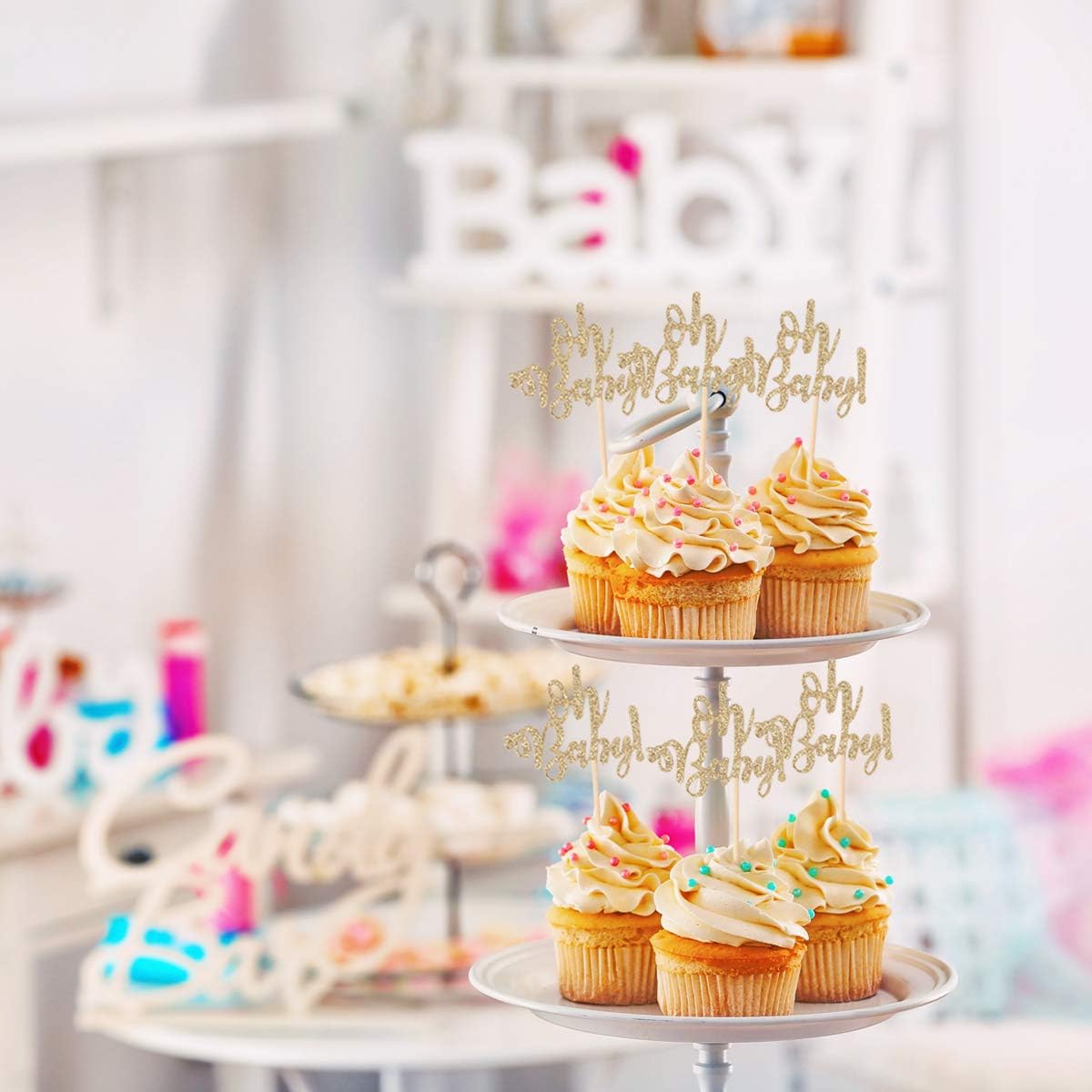 48 Pcs Glitter Oh Baby Cupcake Topper Picks for Baby Shower Party Cake Decorations