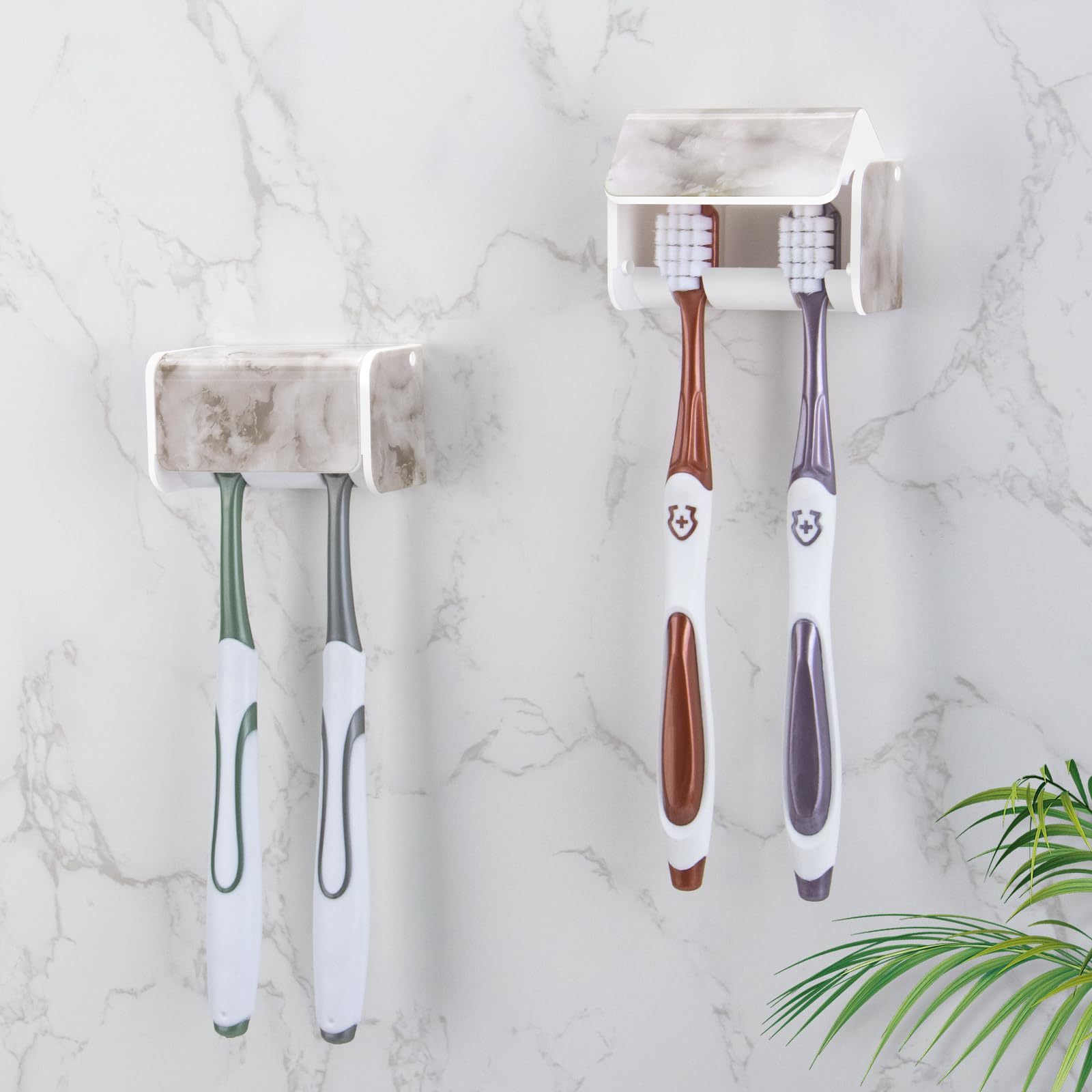 Photo 1 of 2 PCS Toothbrush Holders Wall Mounted with Cover (2, White Marble)