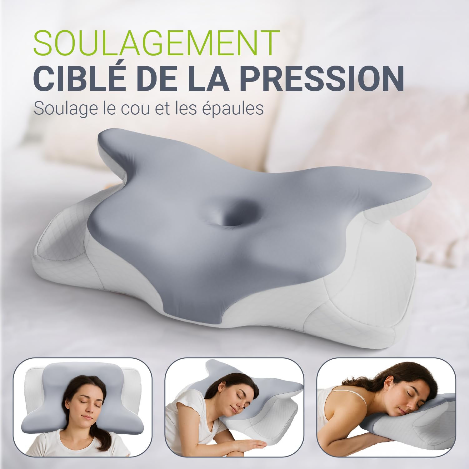 Juskys Coussin Cervical 1 pièce – Oreiller Ergonomique mémoire de Forme, Housse Respirante – Soutien de Nuque pour Un Sommeil sain – Blanc/Gris