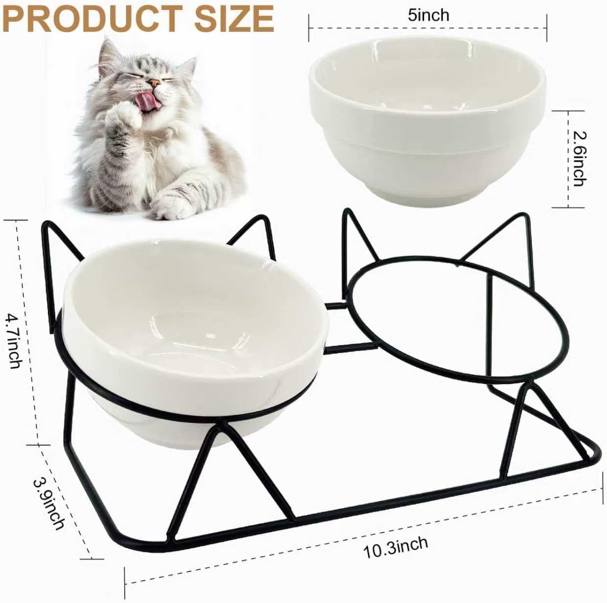 Elevated Tilted Cat Bowls Anti-Vomiting Raised Ceramic Double Bowls with Tilt Shelf for Food & Water